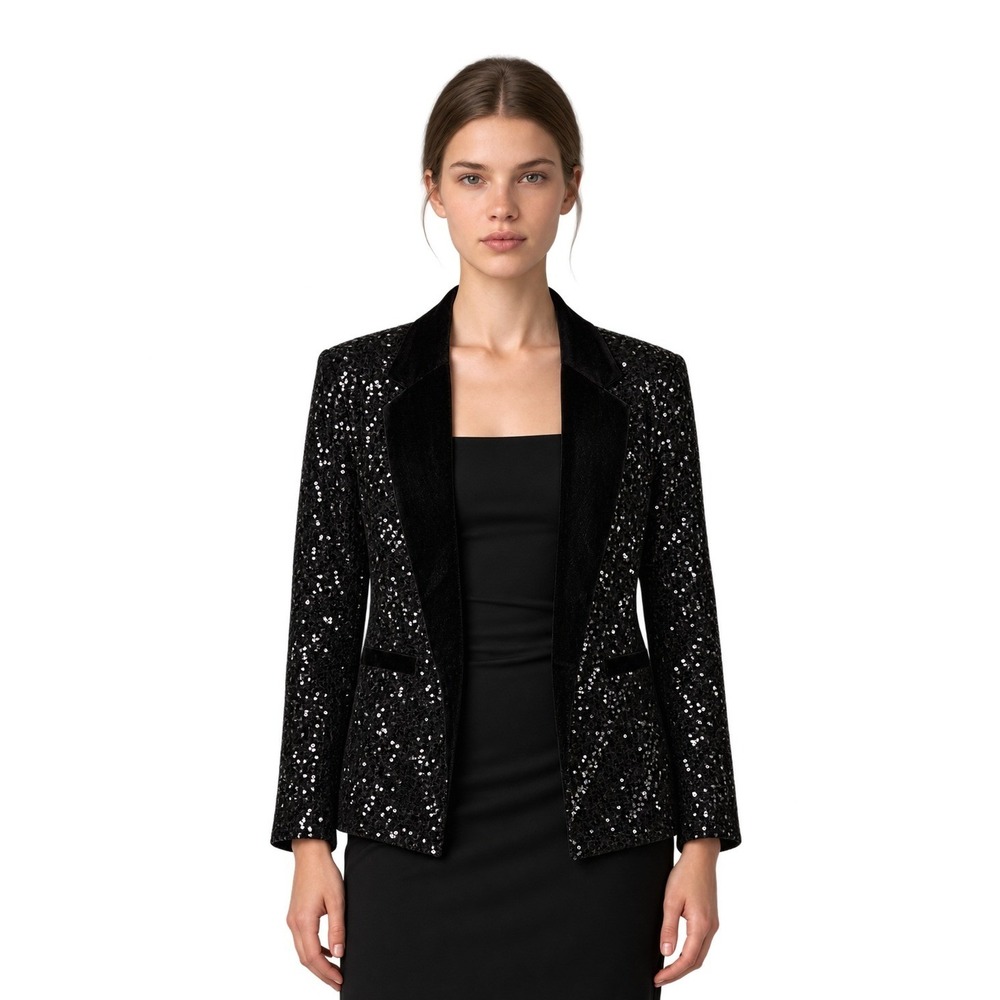 NEW Tracy Evans Sequin Blazer Women's Size Large Black Velvet Tuxedo Collar Open